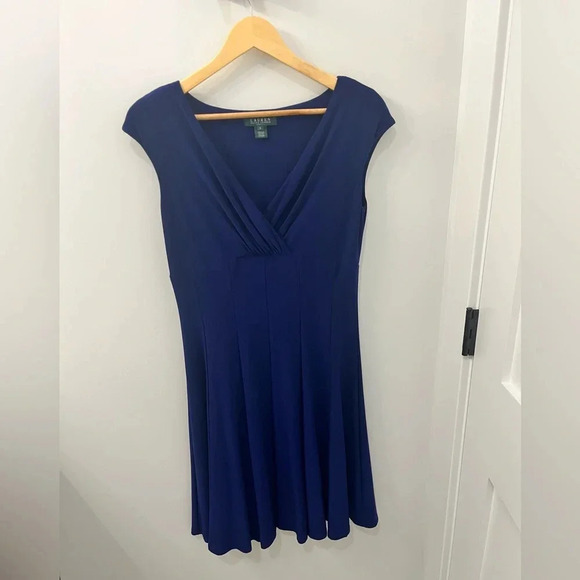 Lauren Ralph Lauren Blue Jewel Tone v neck A-line with pleating sleeveless 6 - Picture 1 of 9